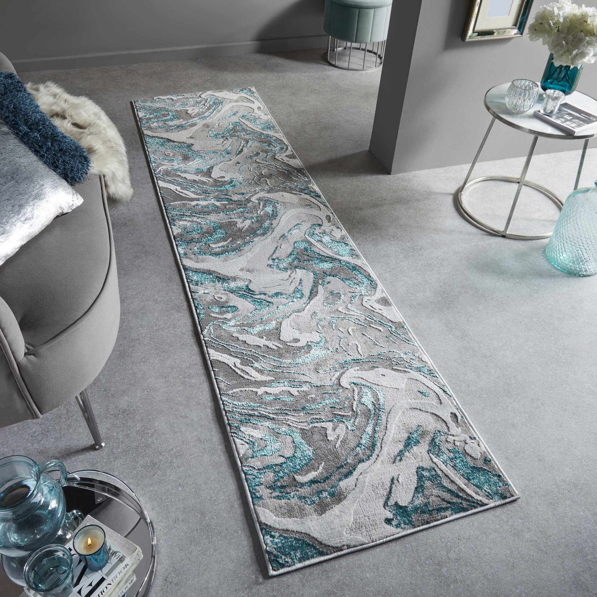 Marbled Modern Abstract Hallway Runner Rugs In Emerald Green